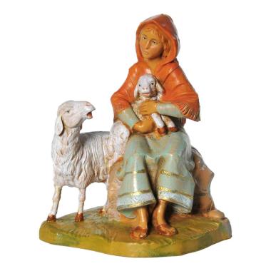 Statua presepe 12 cm pastorella seduta pecore