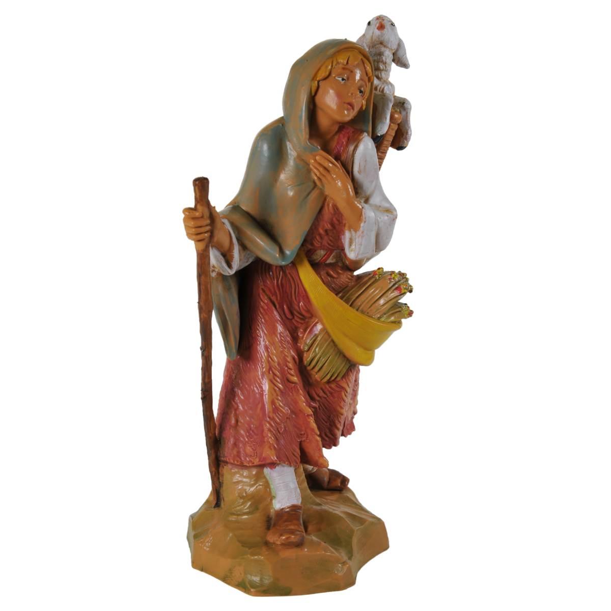 Statua presepe 19 cm pastorella pecora nella cesta gaminacei