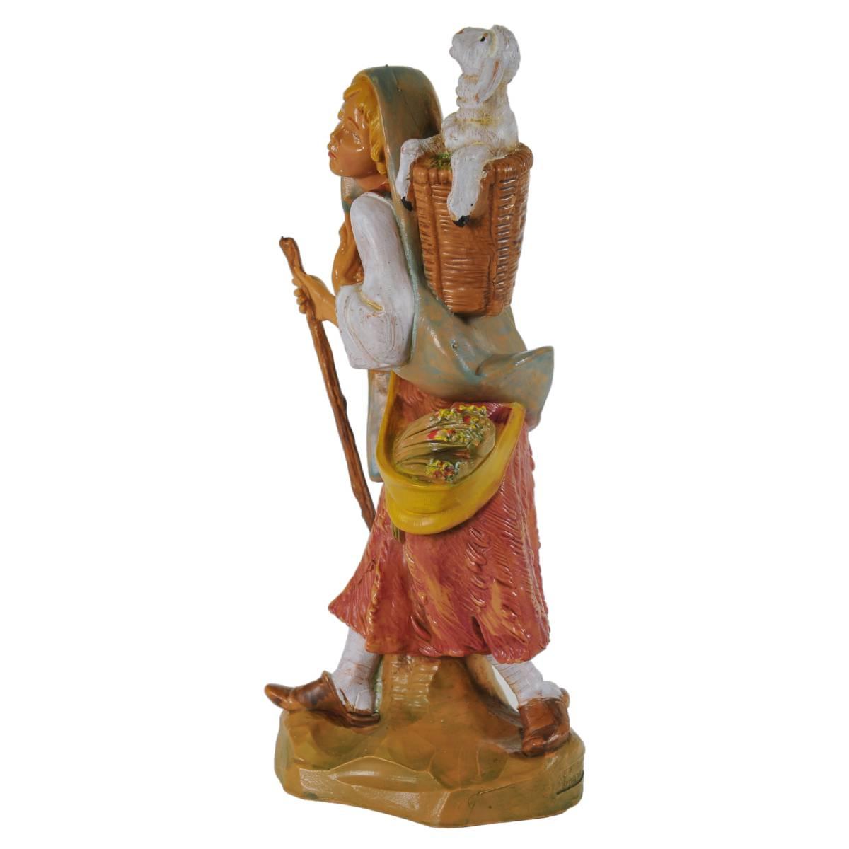 Statua presepe 19 cm pastorella pecora nella cesta gaminacei