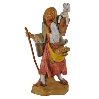 Statua presepe 19 cm pastorella pecora nella cesta gaminacei
