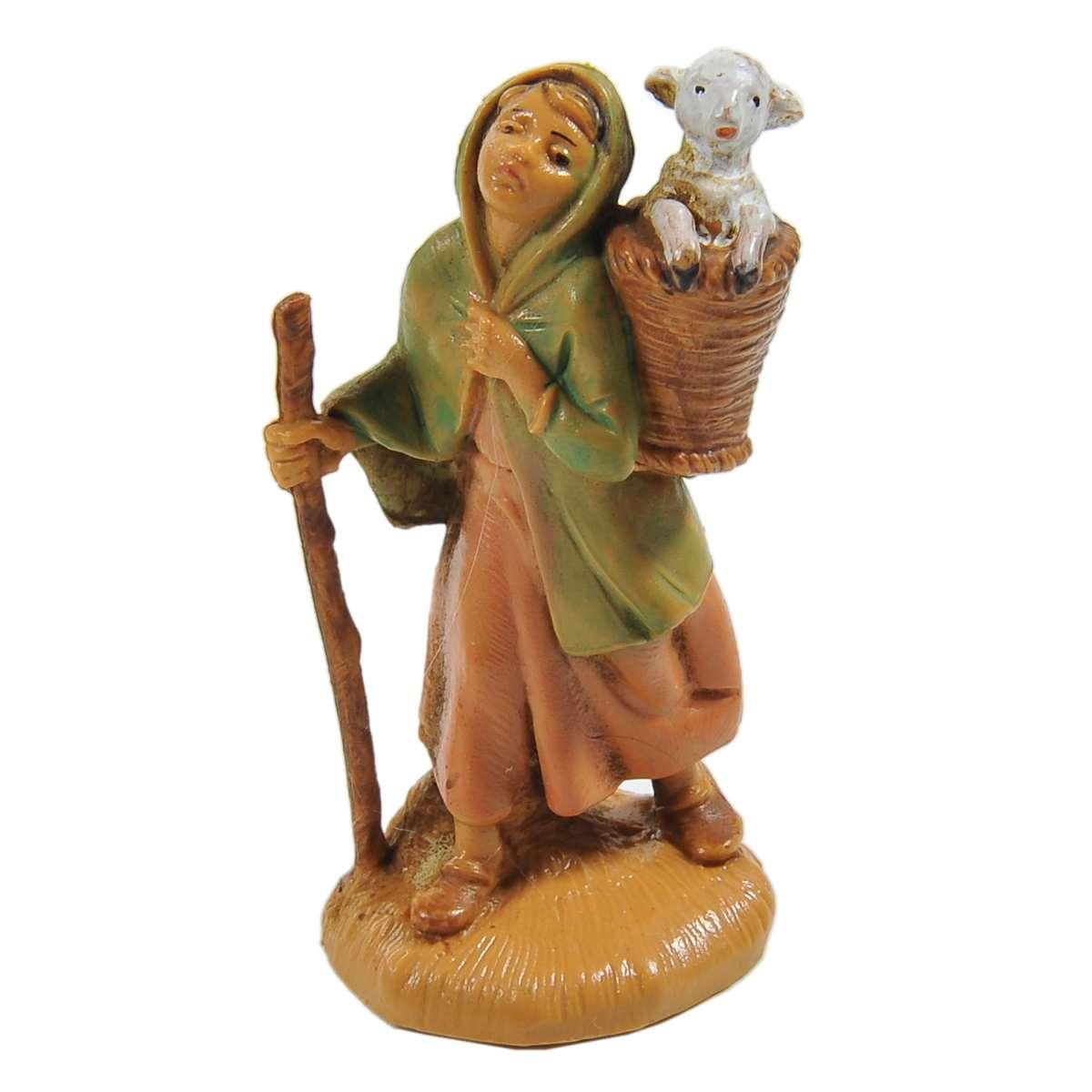 Statua presepe 6.5 cm pastorella pecora sulle spalle