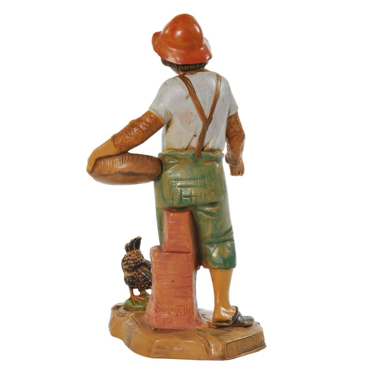 Statua presepe 12 cm pastore ragazzo con cesta e gallina
