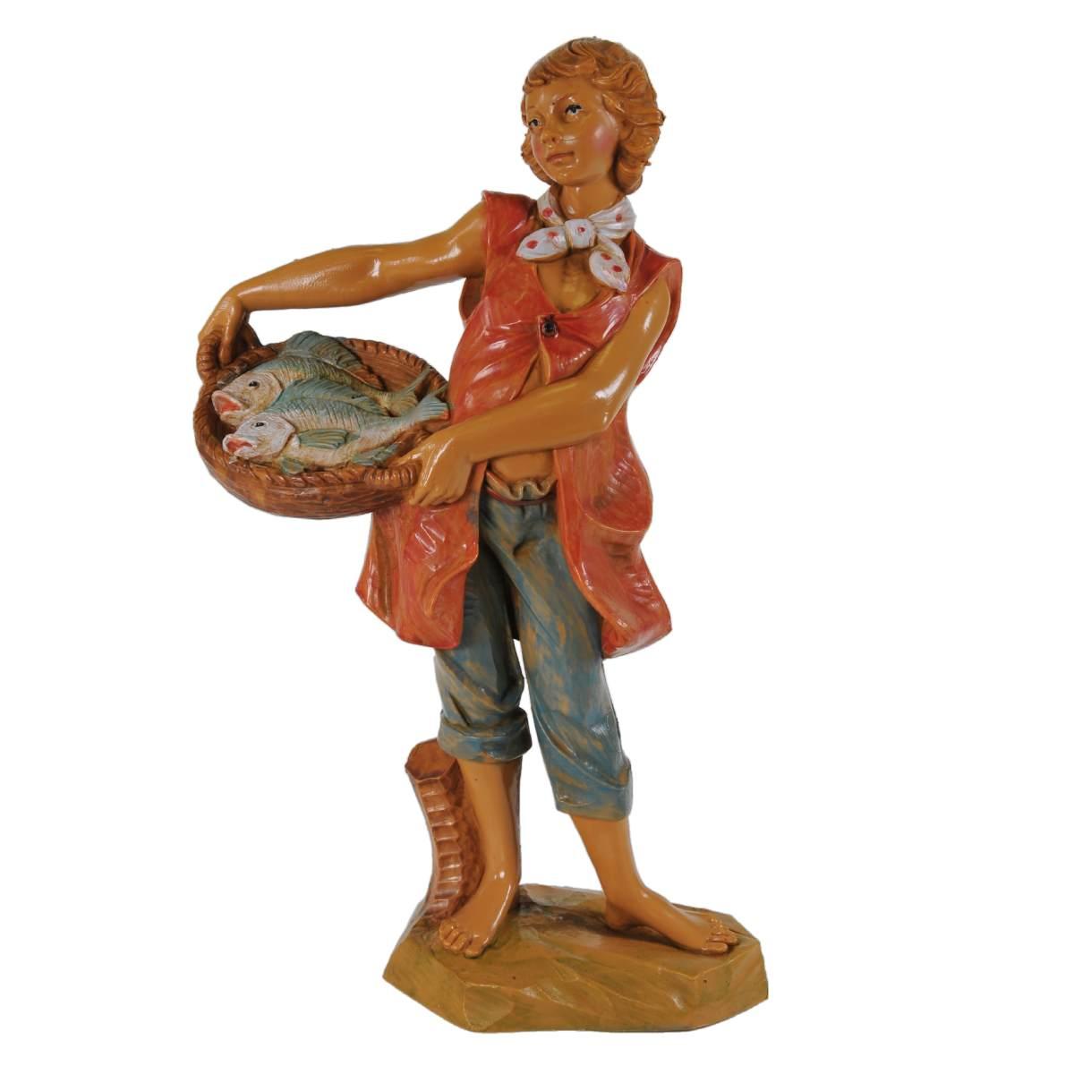 Statua presepe 19 cm pastore cesta di pesce