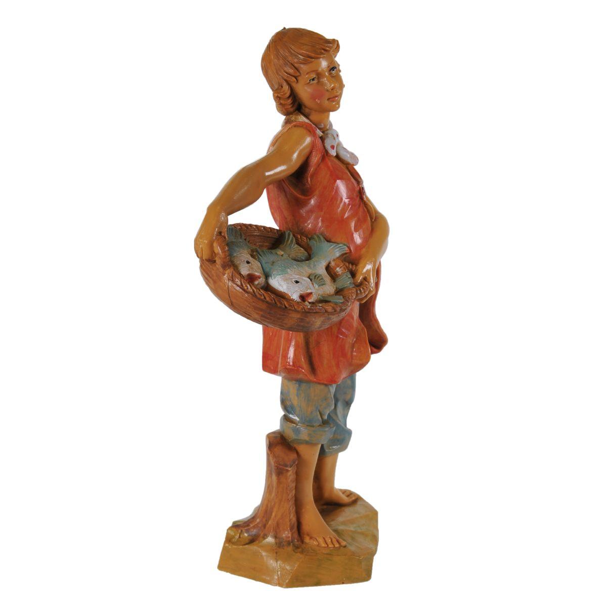 Statua presepe 19 cm pastore cesta di pesce