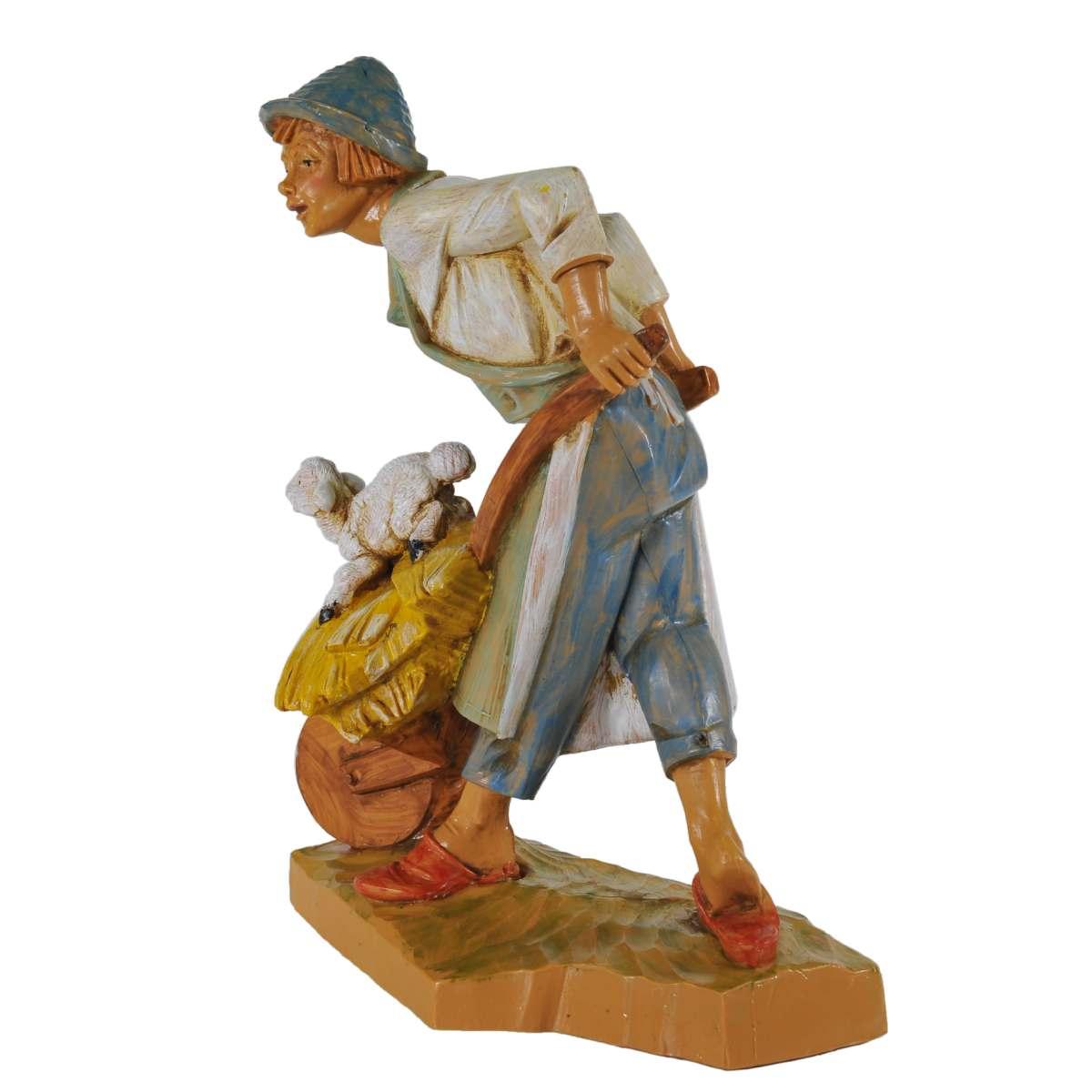 Statua presepe 19 cm pastore carriola agnello