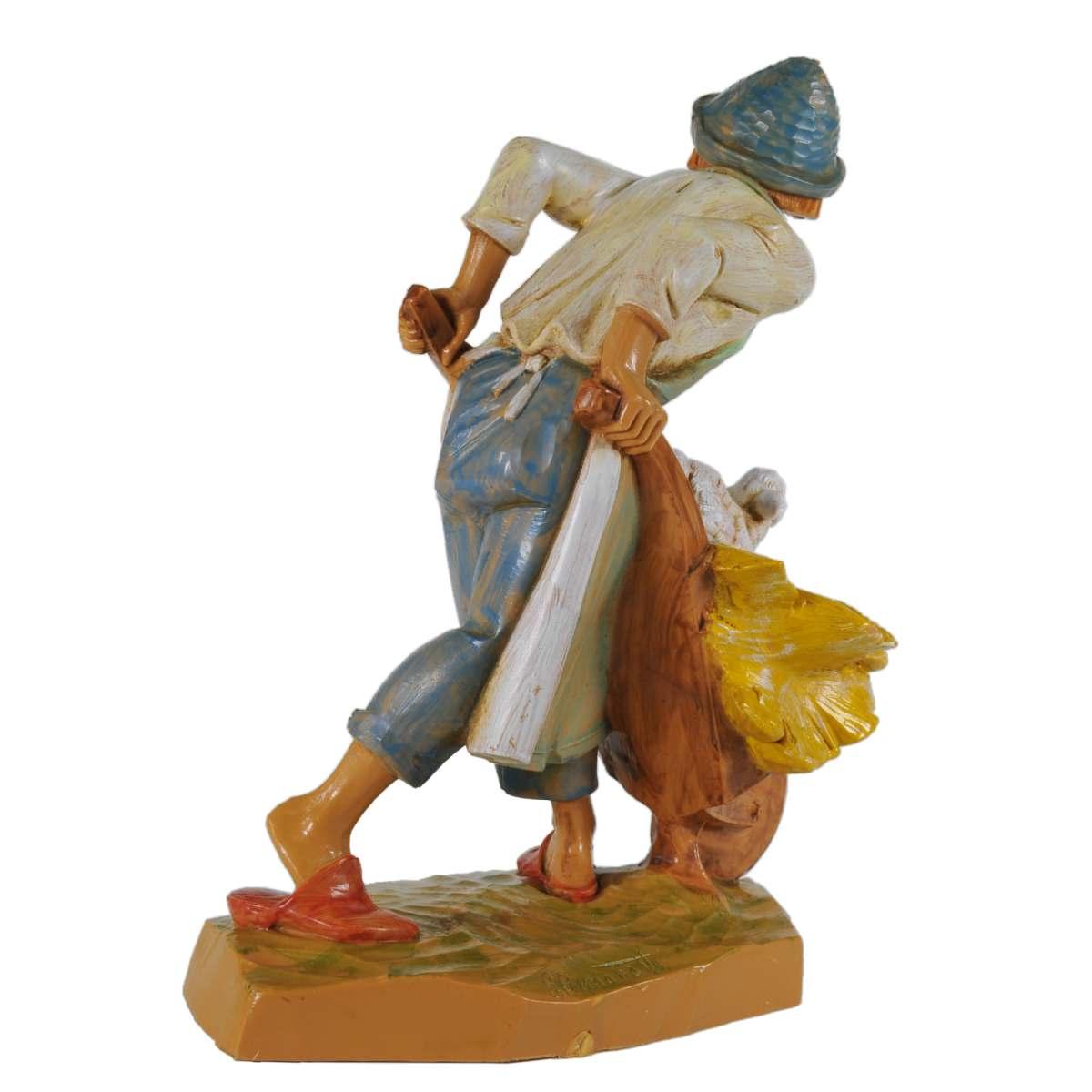 Statua presepe 19 cm pastore carriola agnello