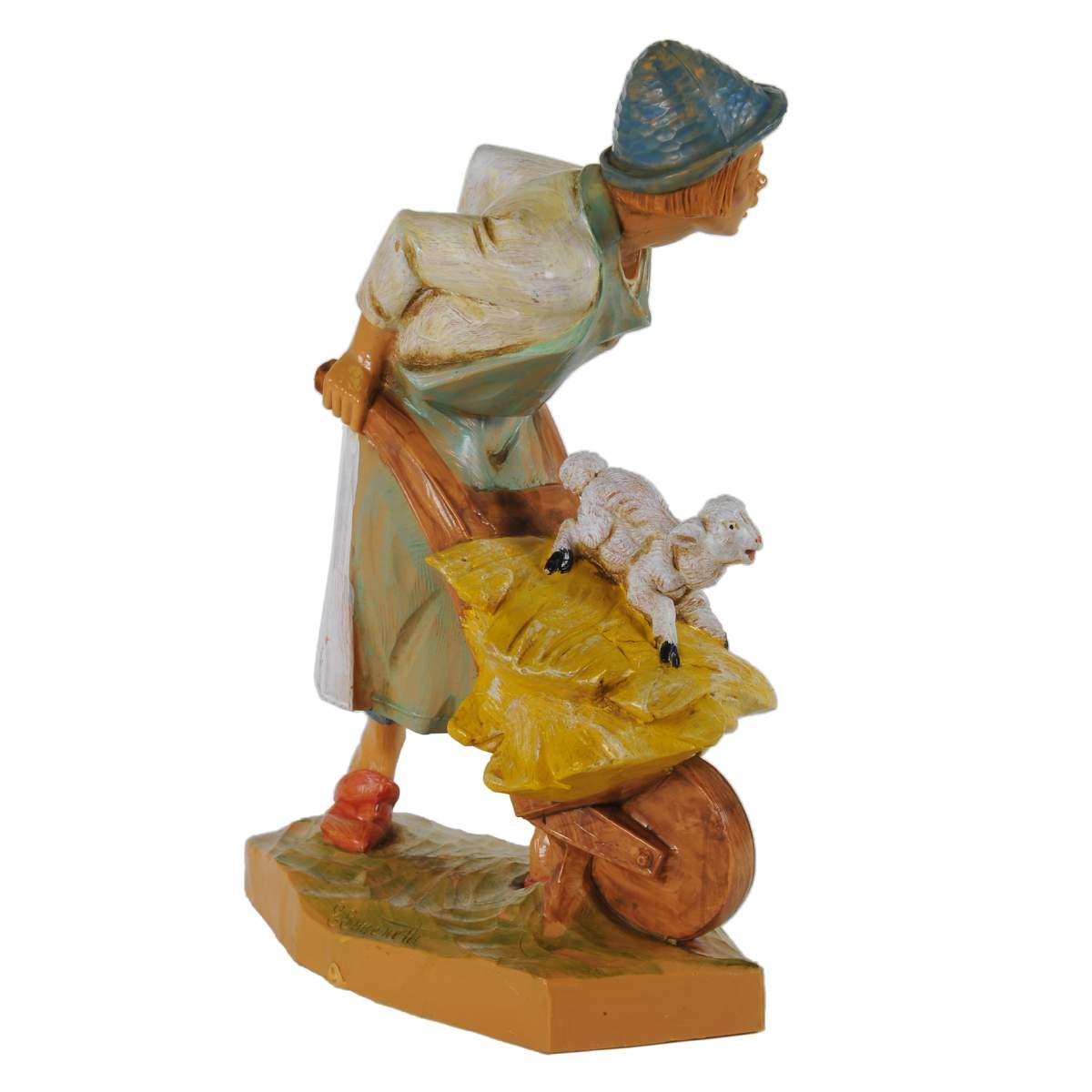 Statua presepe 19 cm pastore carriola agnello