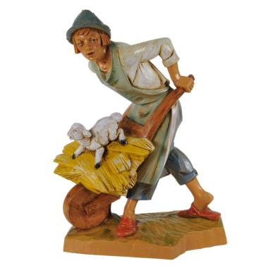 Statua presepe 19 cm pastore carriola agnello