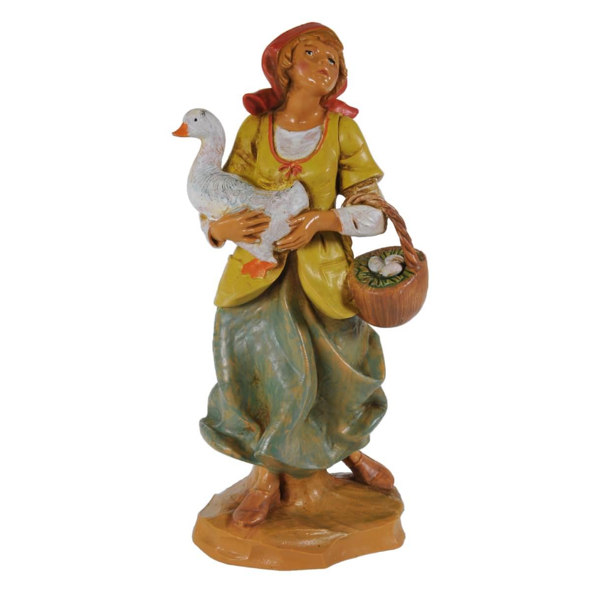 Statua presepe 19 cm pastorella con oca e cesta di uova