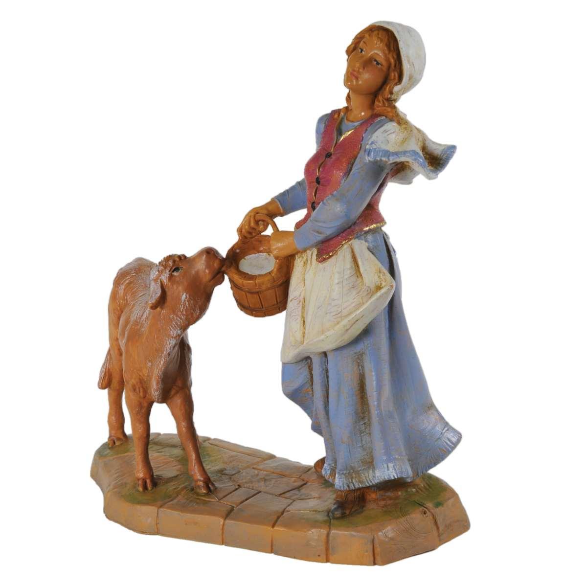 Statua presepe 19 cm pastorella vitello