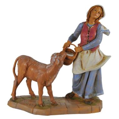 Statua presepe 19 cm pastorella vitello