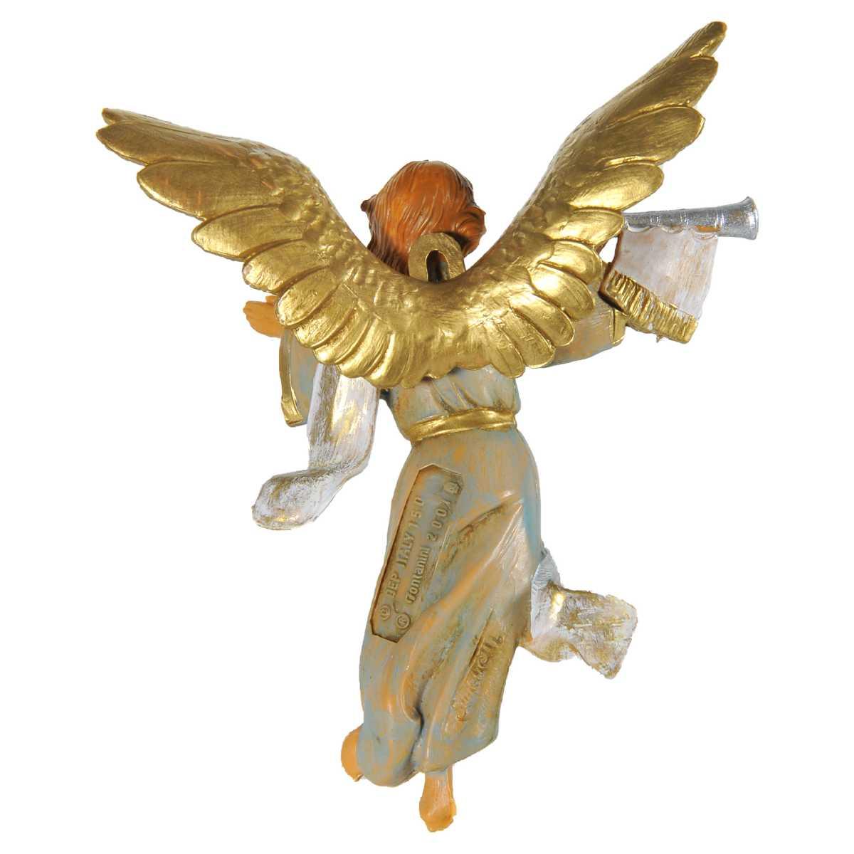 Statua presepe 12 cm angelo da appendere abito verde tromba destra modello a