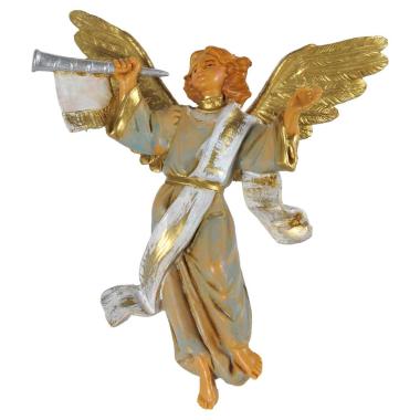 Statua presepe 12 cm angelo da appendere abito verde tromba destra modello a