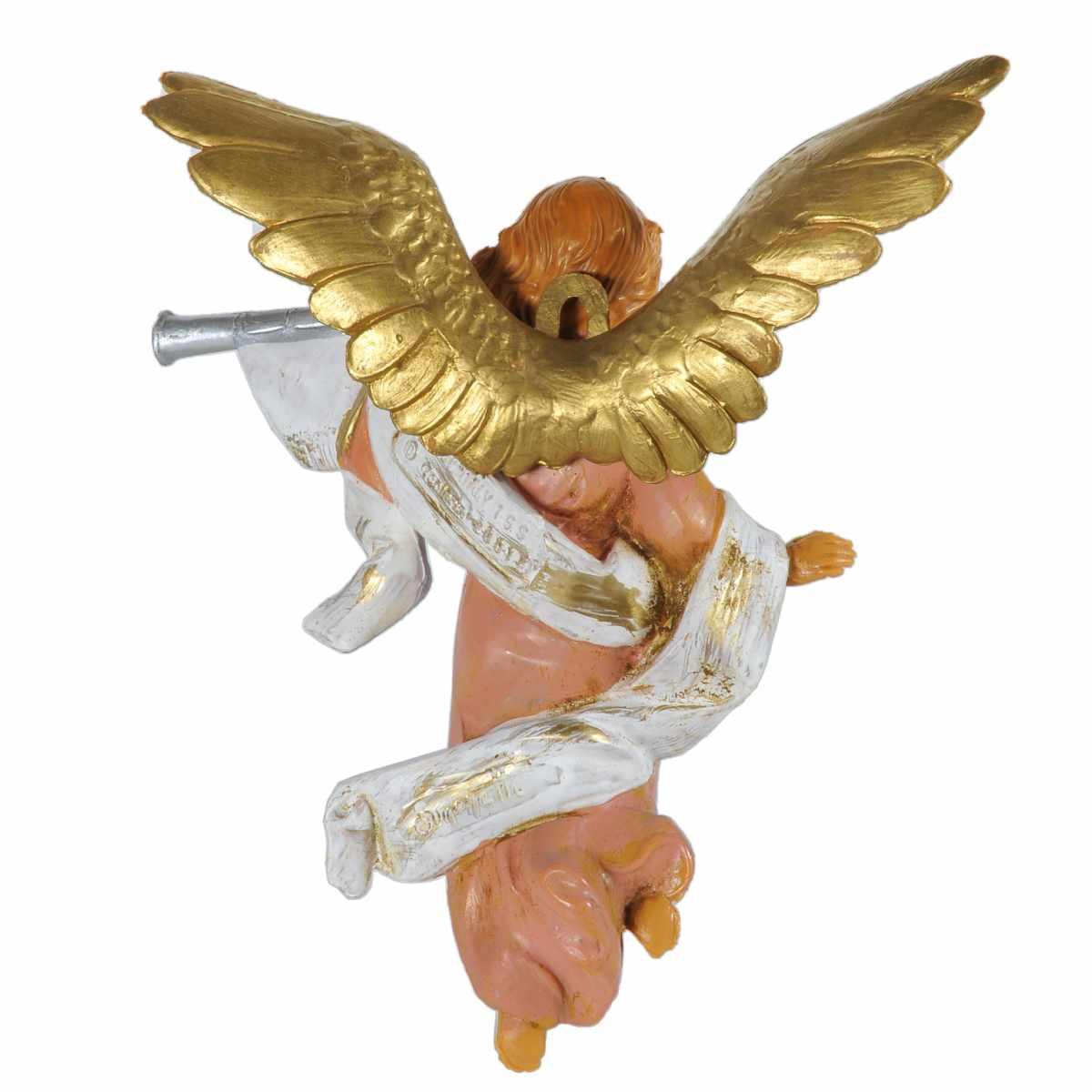 Statua presepe 12 cm angelo da appendere abito rosa tromba sinistra modello a
