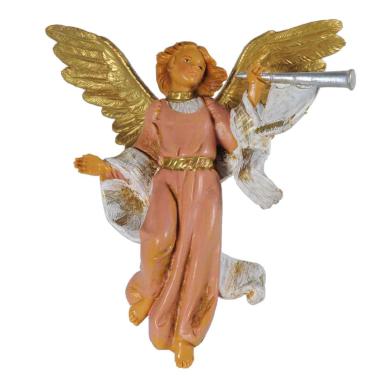 Statua presepe 12 cm angelo da appendere abito rosa tromba sinistra modello a