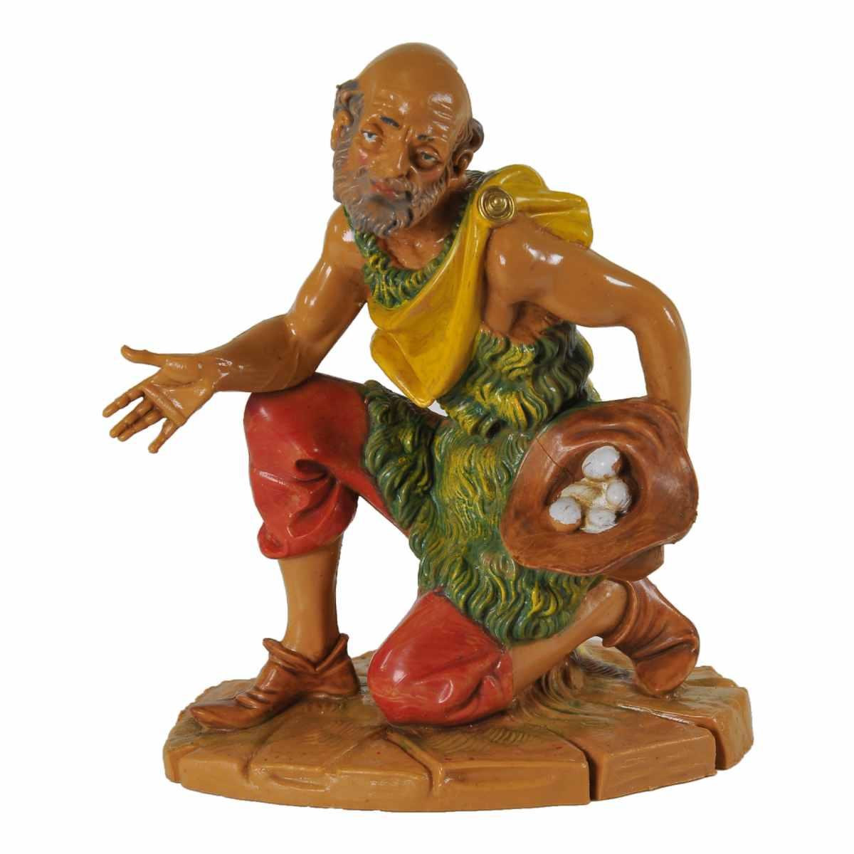 Statua presepe 19 cm pastore inginocchiato cappello uova