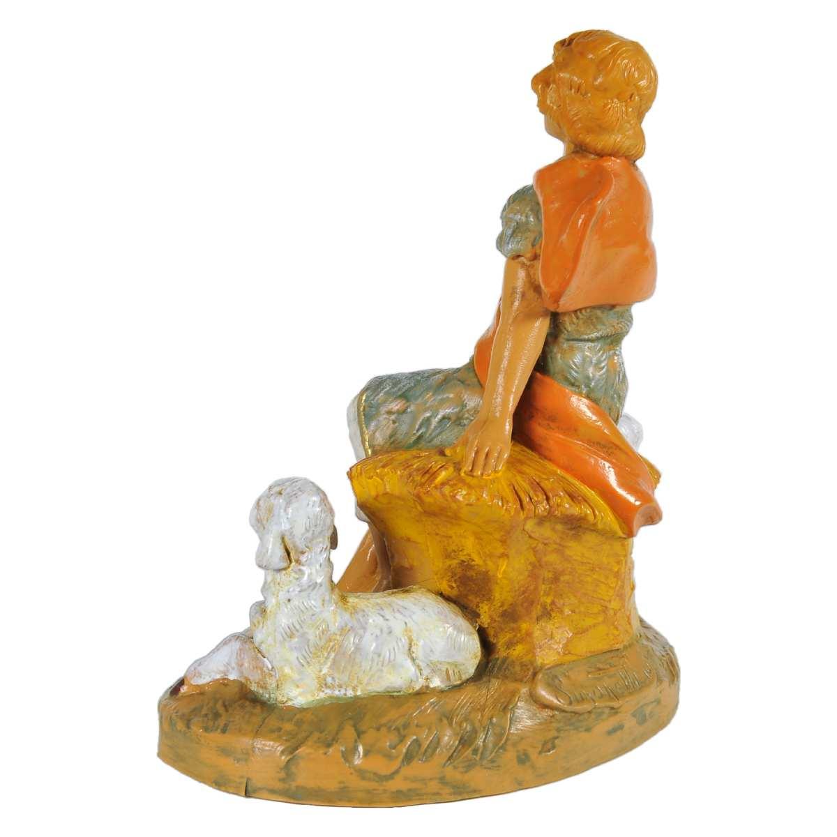 Statua presepe 12 cm pastore seduto con pecore e bastone