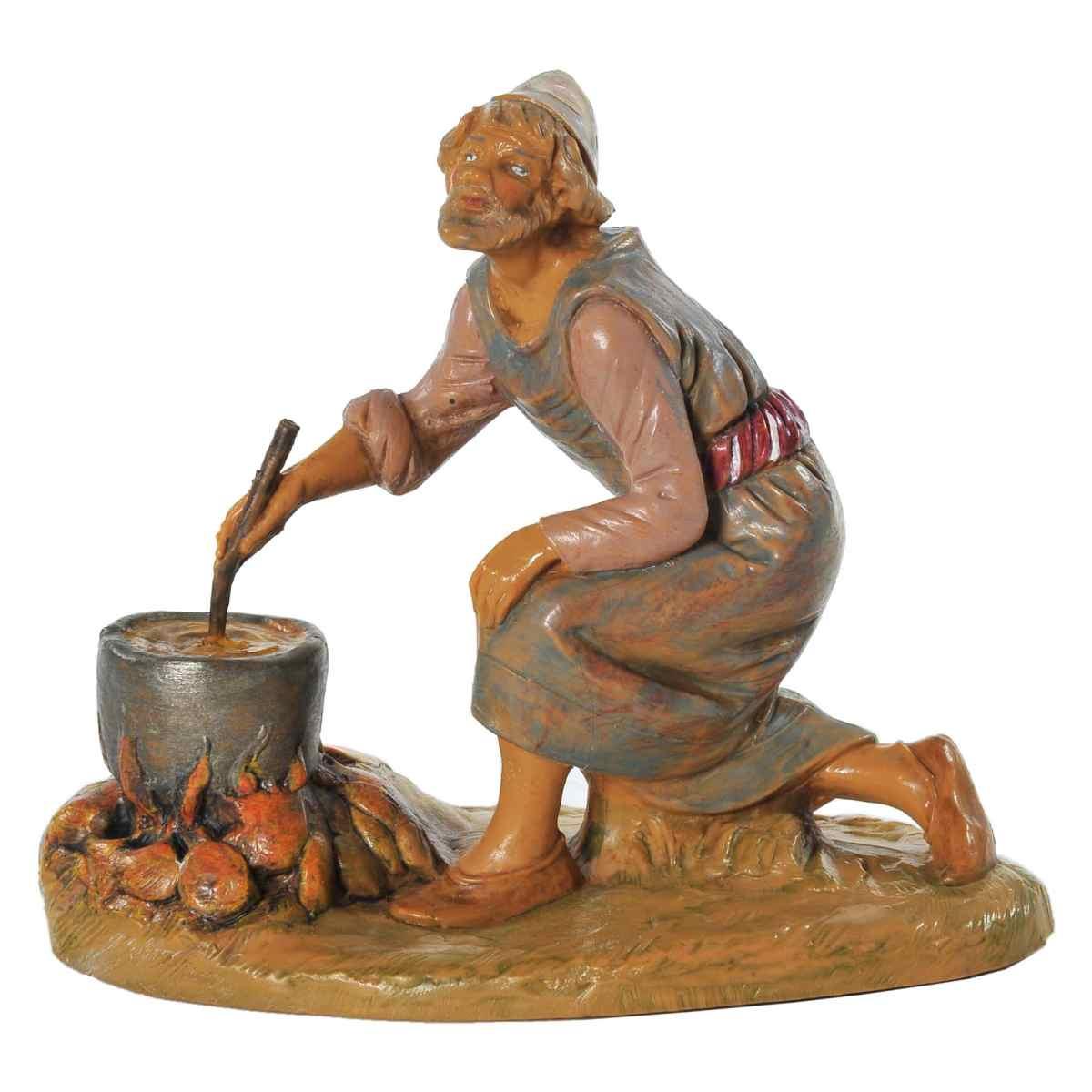 Statua presepe 12 cm pastore in ginocchio che cucina