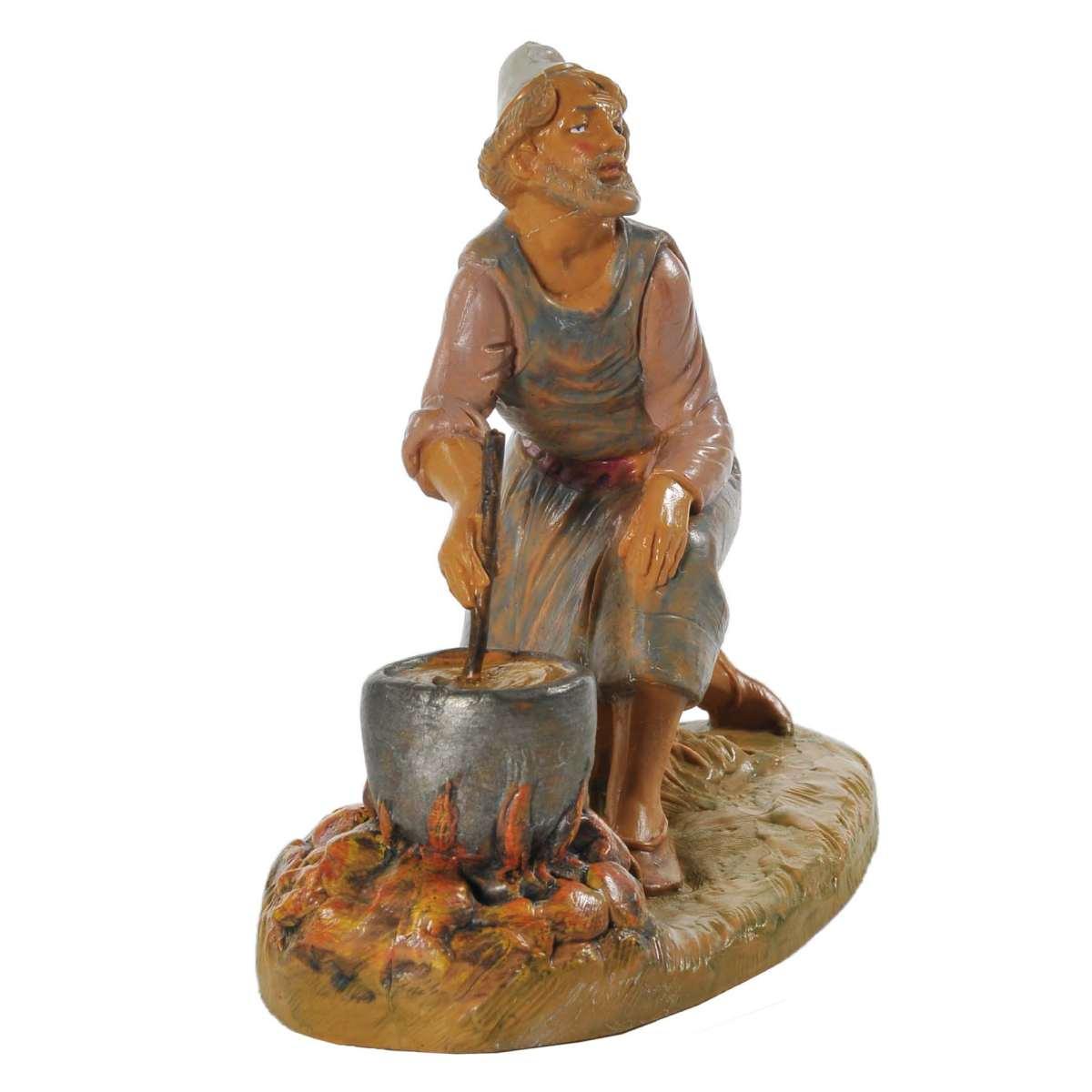Statua presepe 12 cm pastore in ginocchio che cucina