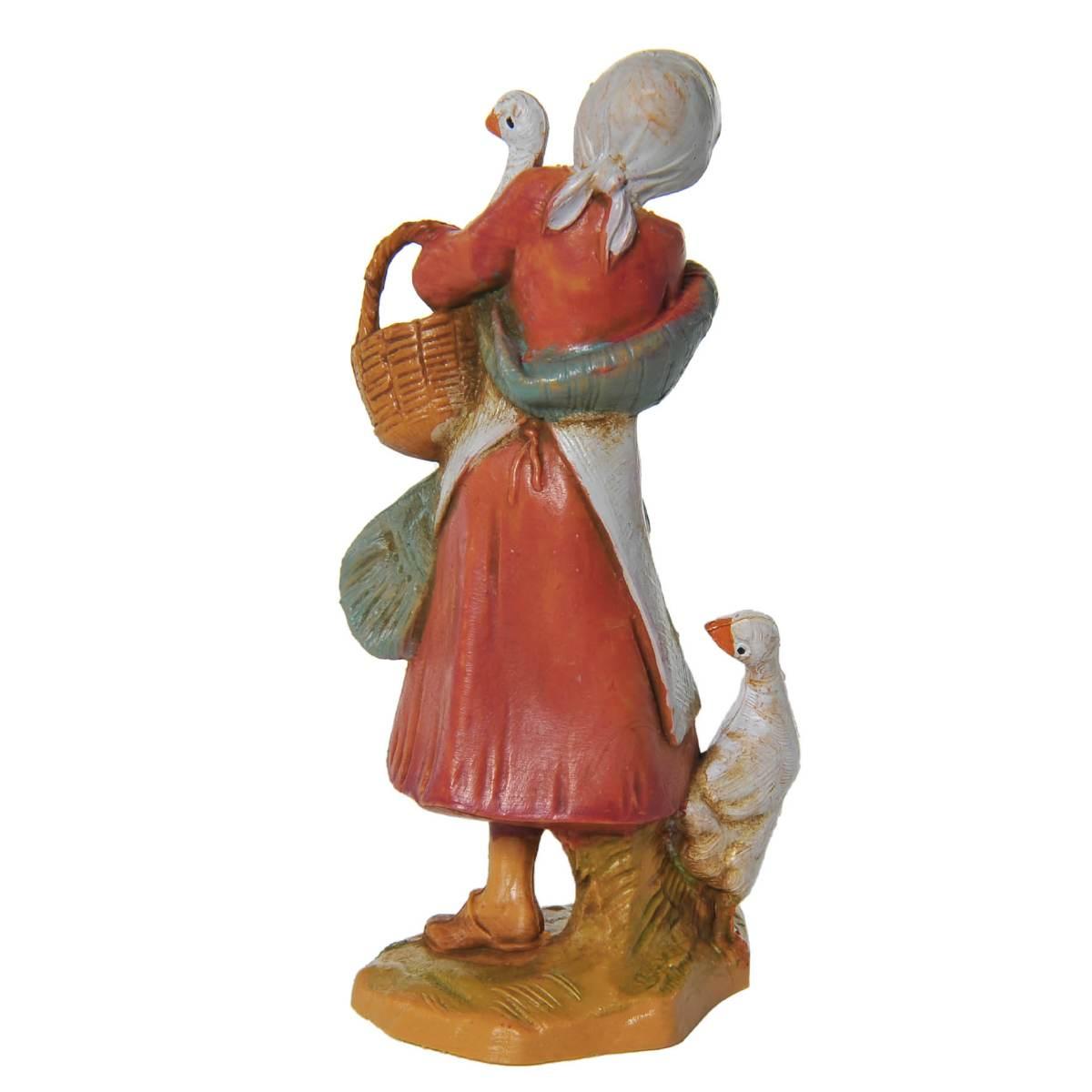Statua presepe 9.5 cm pastorella oche cesta