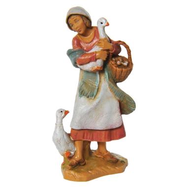 Statua presepe 9.5 cm pastorella oche cesta