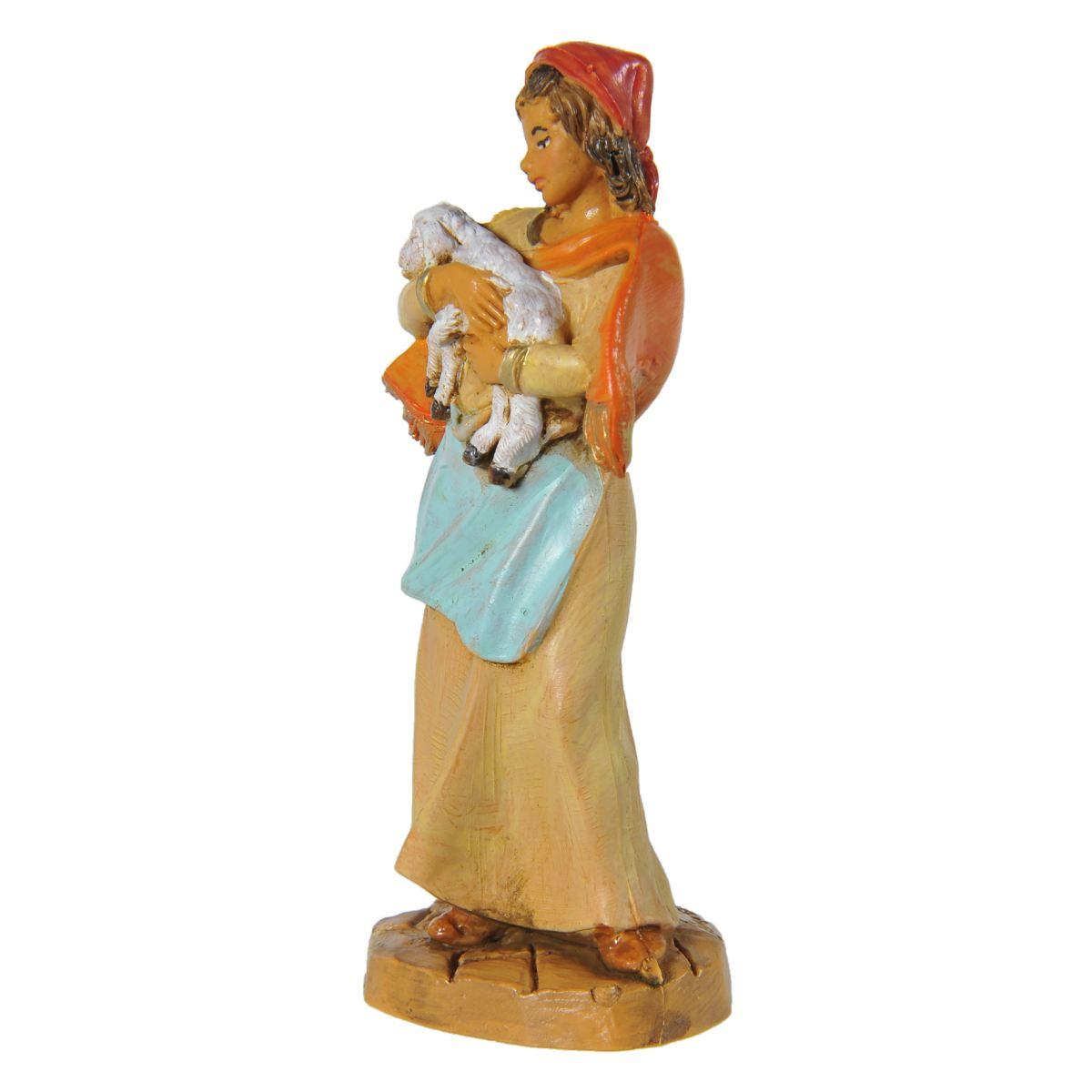 Statua presepe 9.5 cm pastorella pecora in braccio