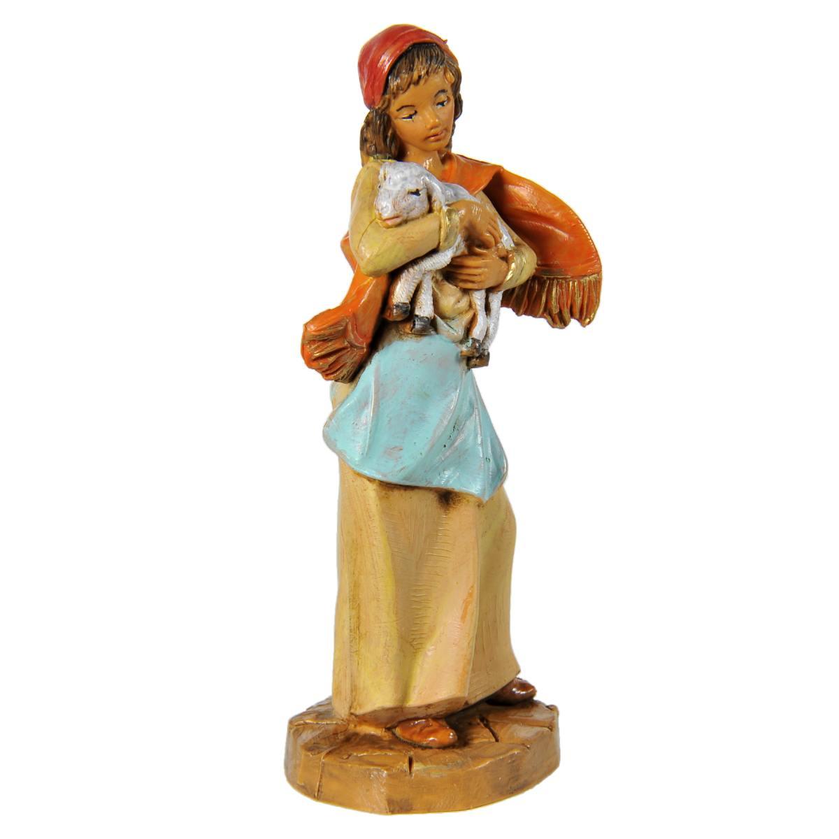 Statua presepe 9.5 cm pastorella pecora in braccio