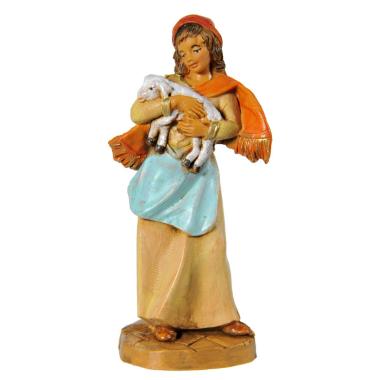 Statua presepe 9.5 cm pastorella pecora in braccio
