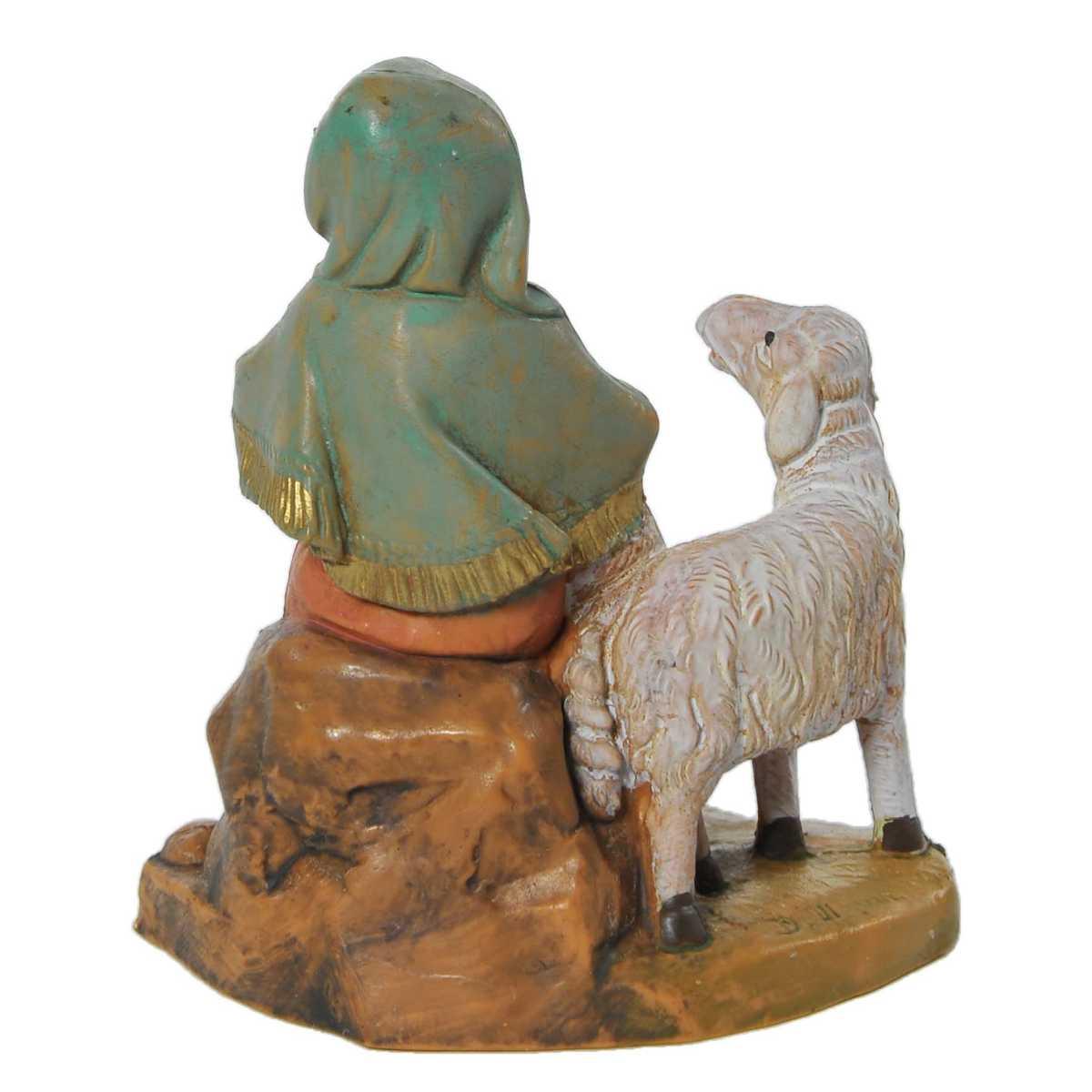 Statua presepe 9.5 cm pastorella seduta pecora