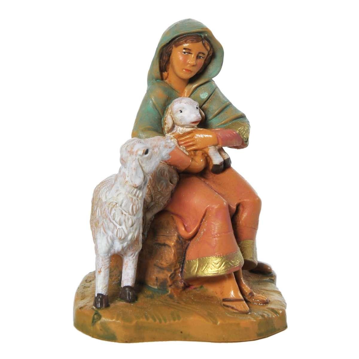 Statua presepe 9.5 cm pastorella seduta pecora
