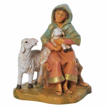 Statua presepe 9.5 cm pastorella seduta pecora
