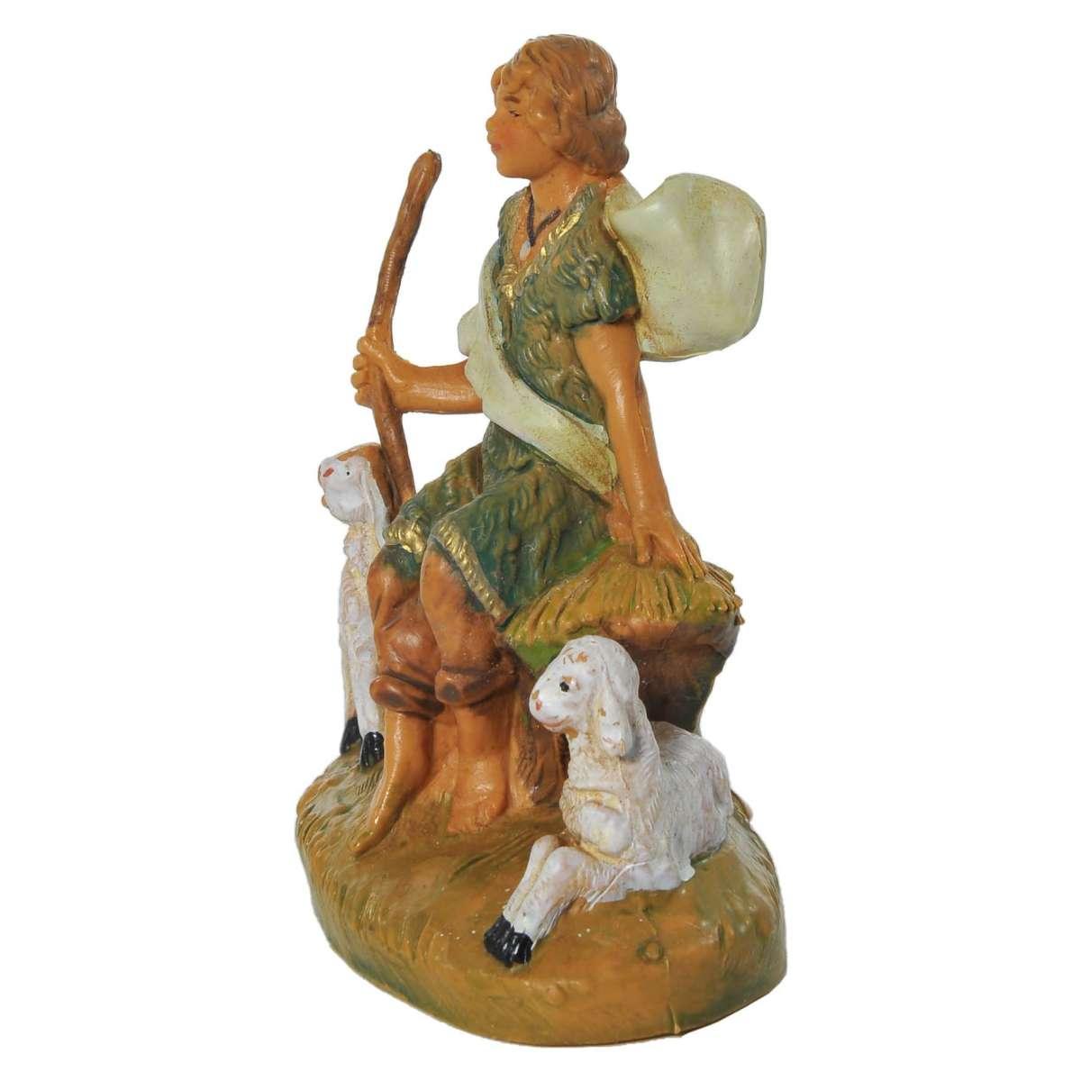 Statua presepe 9.5 cm pastorello seduto pecore