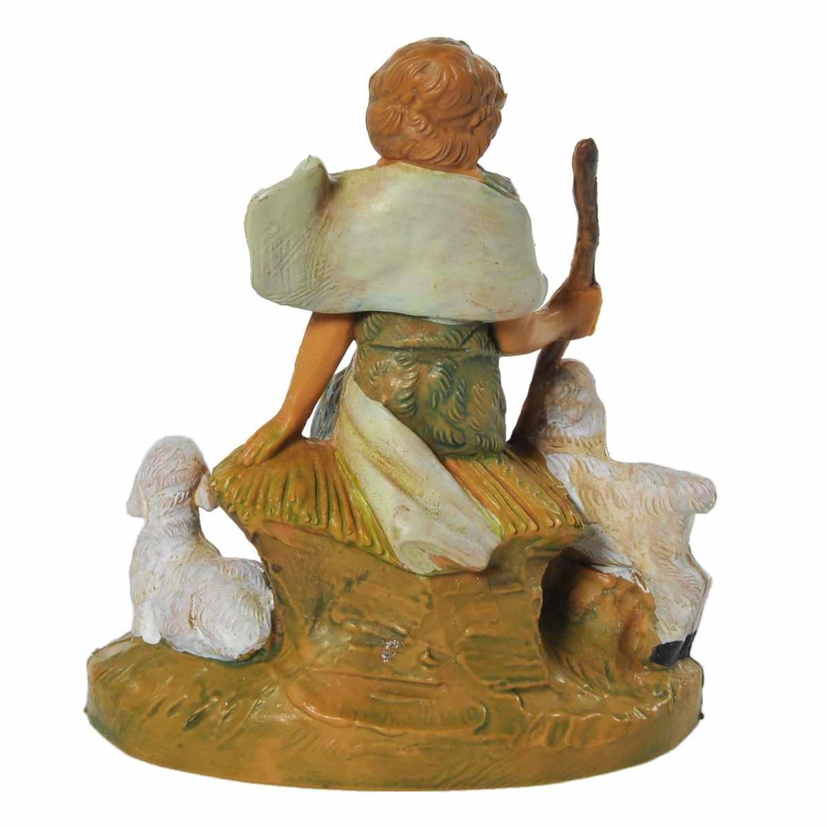Statua presepe 9.5 cm pastorello seduto pecore