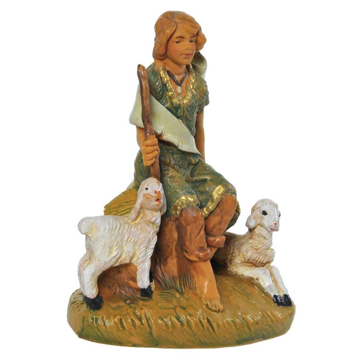 Statua presepe 9.5 cm pastorello seduto pecore