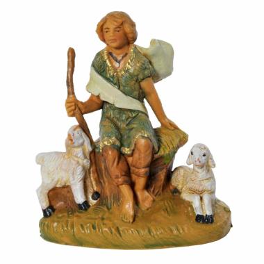Statua presepe 9.5 cm pastorello seduto pecore