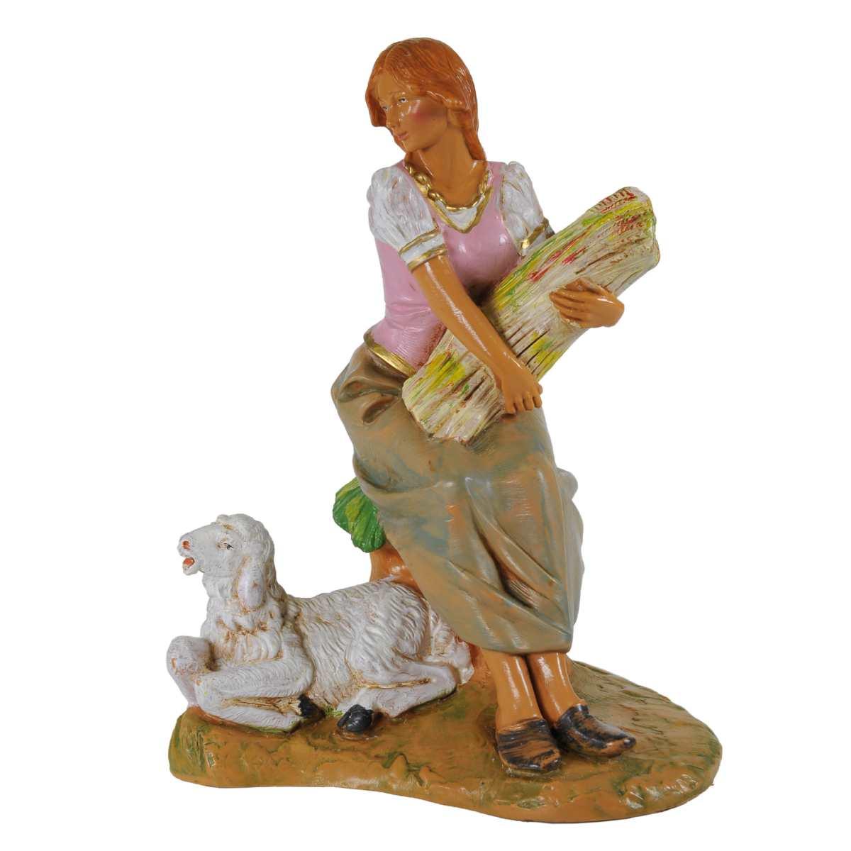 Statua presepe 19 cm pastorella seduta pecora