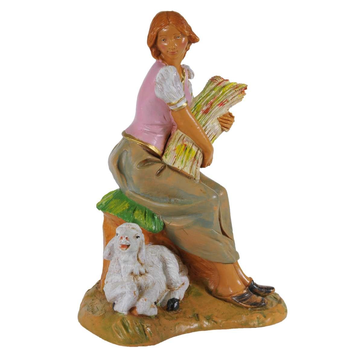 Statua presepe 19 cm pastorella seduta pecora