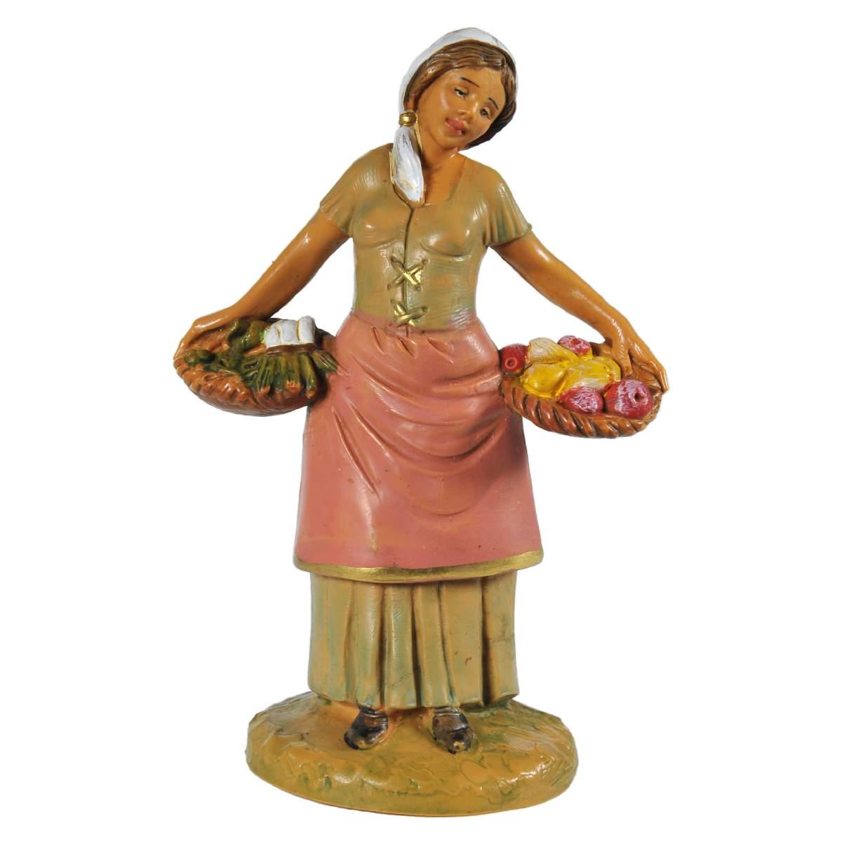 Statua presepe 12 cm pastorella ceste di frutta ortaggi