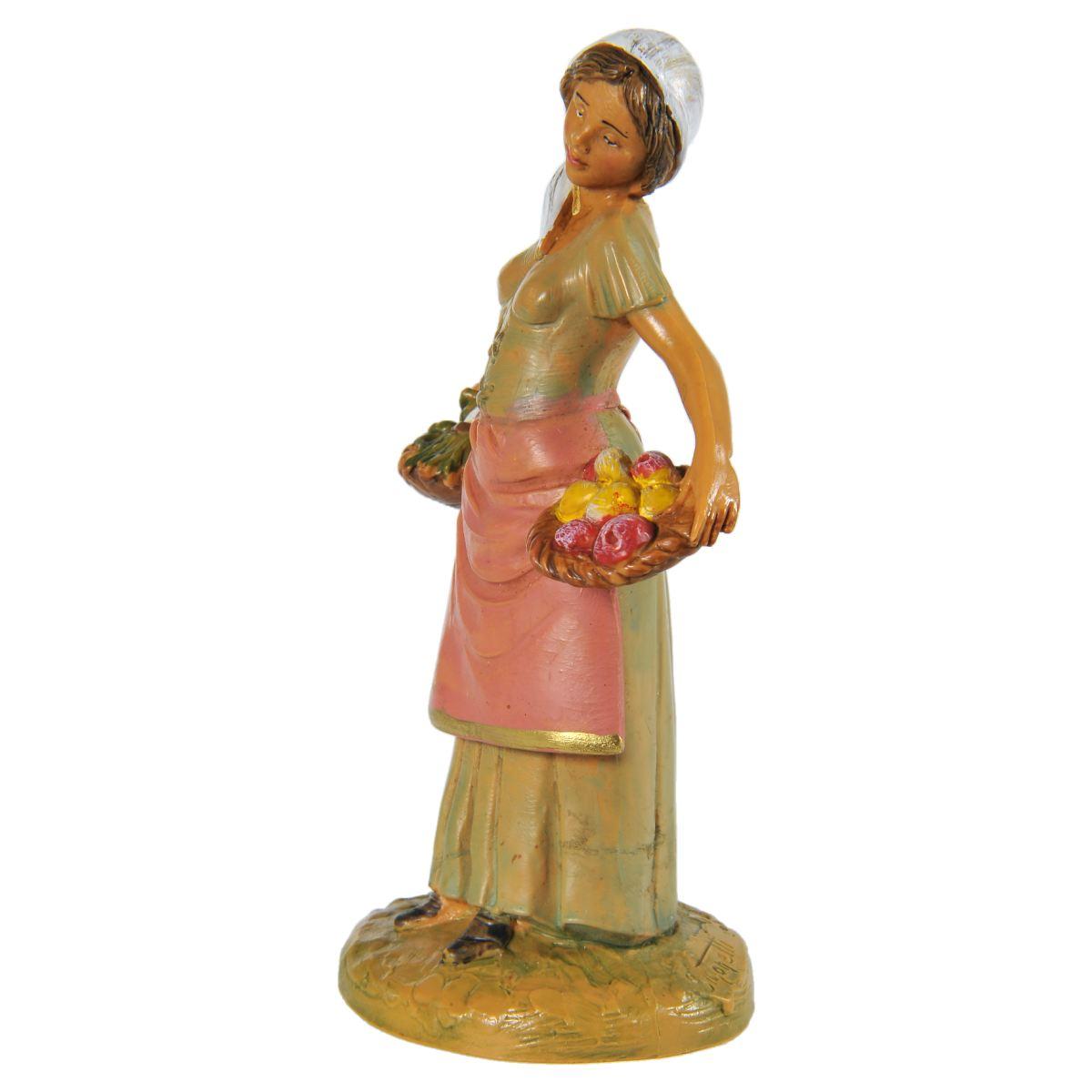 Statua presepe 12 cm pastorella ceste di frutta ortaggi