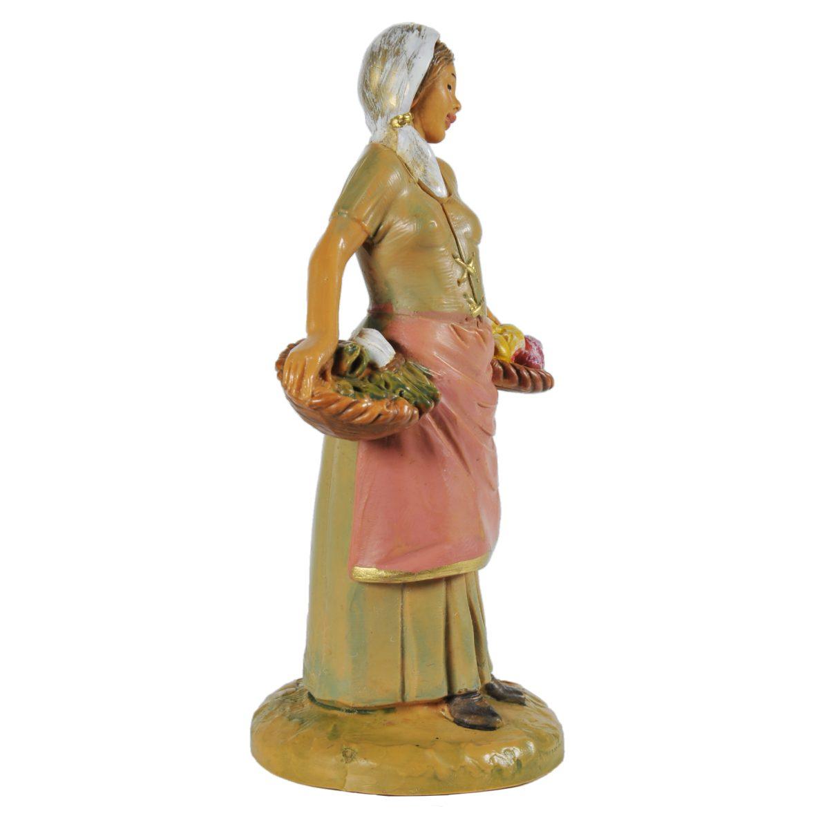 Statua presepe 12 cm pastorella ceste di frutta ortaggi