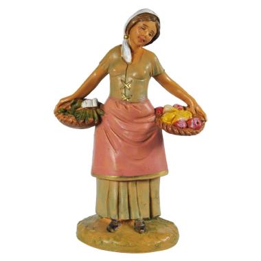 Statua presepe 12 cm pastorella ceste di frutta ortaggi