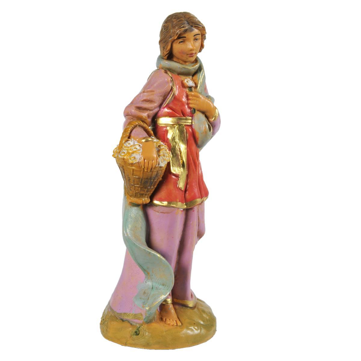 Statua presepe 12 cm pastorella claudia cesta di fiori