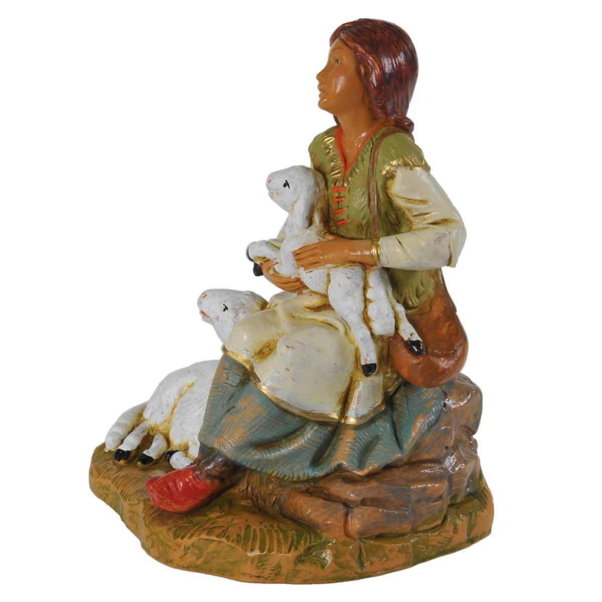 Statua presepe 19 cm pastorella pecora agnello