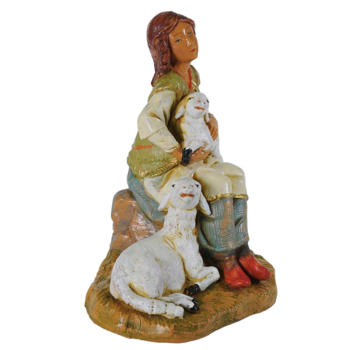 Statua presepe 19 cm pastorella pecora agnello