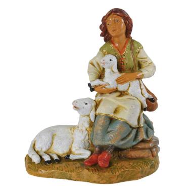 Statua presepe 19 cm pastorella pecora agnello