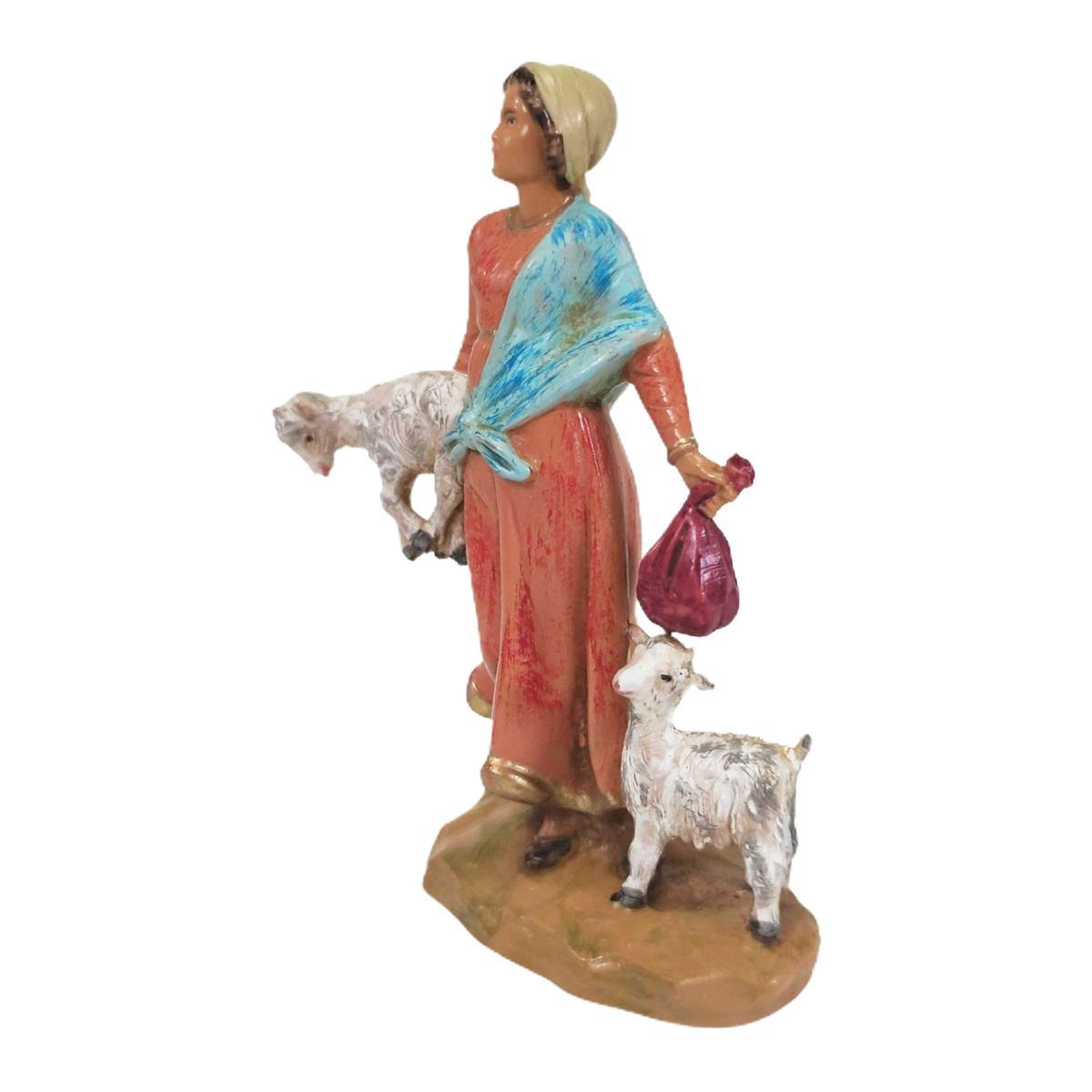 Statua presepe 12 cm pastorella sacco capre