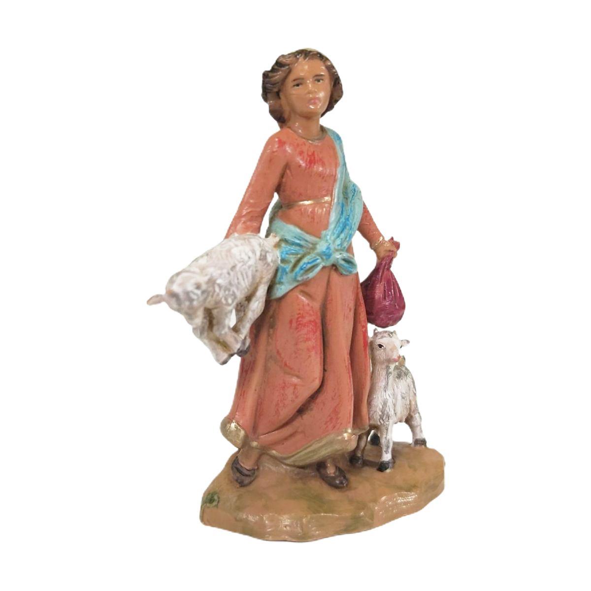 Statua presepe 12 cm pastorella sacco capre