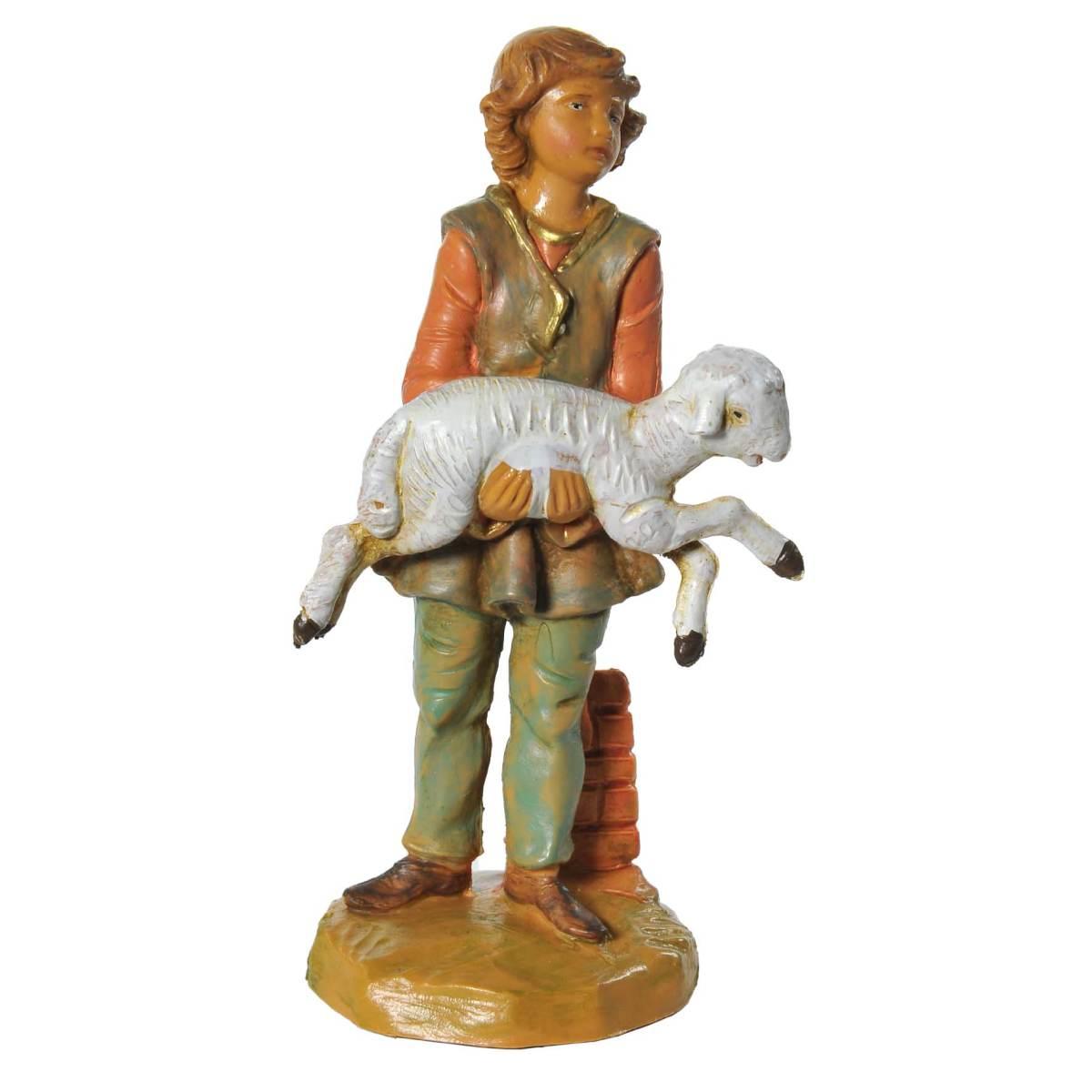 Statua presepe 12 cm ari giovane pecora in braccio