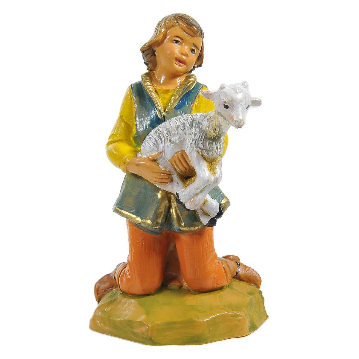 Statua presepe 12 cm pastore ragazzo in ginocchio capretta