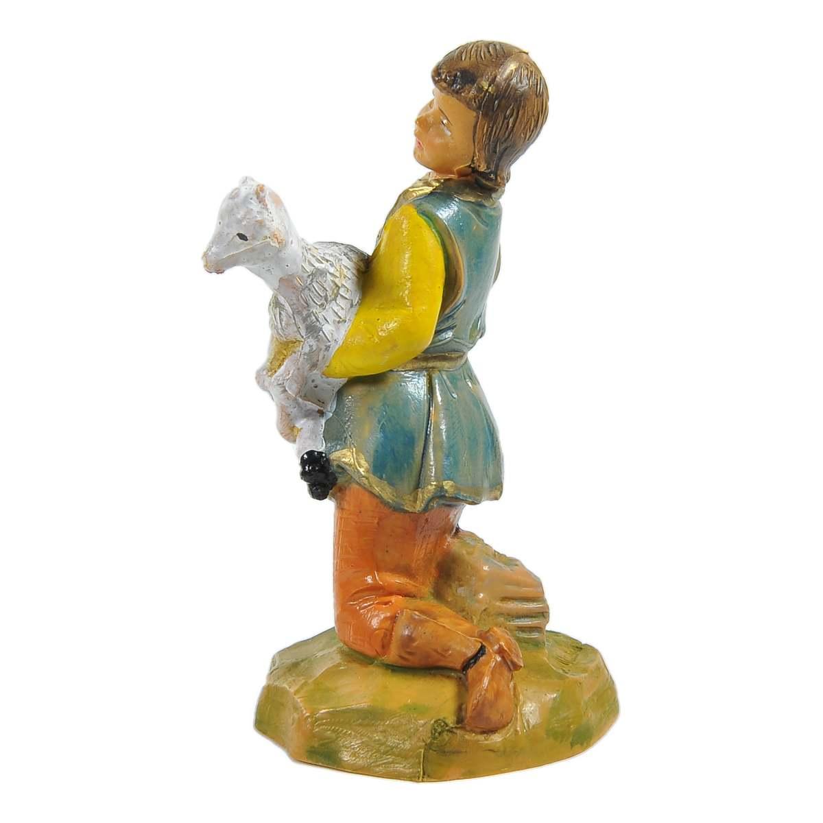 Statua presepe 12 cm pastore ragazzo in ginocchio capretta